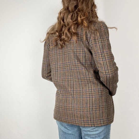 Vintage Preppy Oversized Wool Houndstooth Tweed Plaid Long Blazer Jacket Coat - Picture 3 of 7